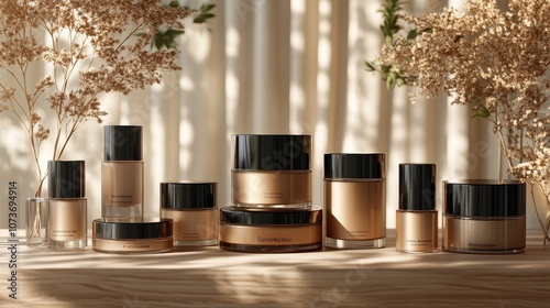 Set of a collection of beauty cosmetic product containers on display, Natural makeup and skin care product concept.