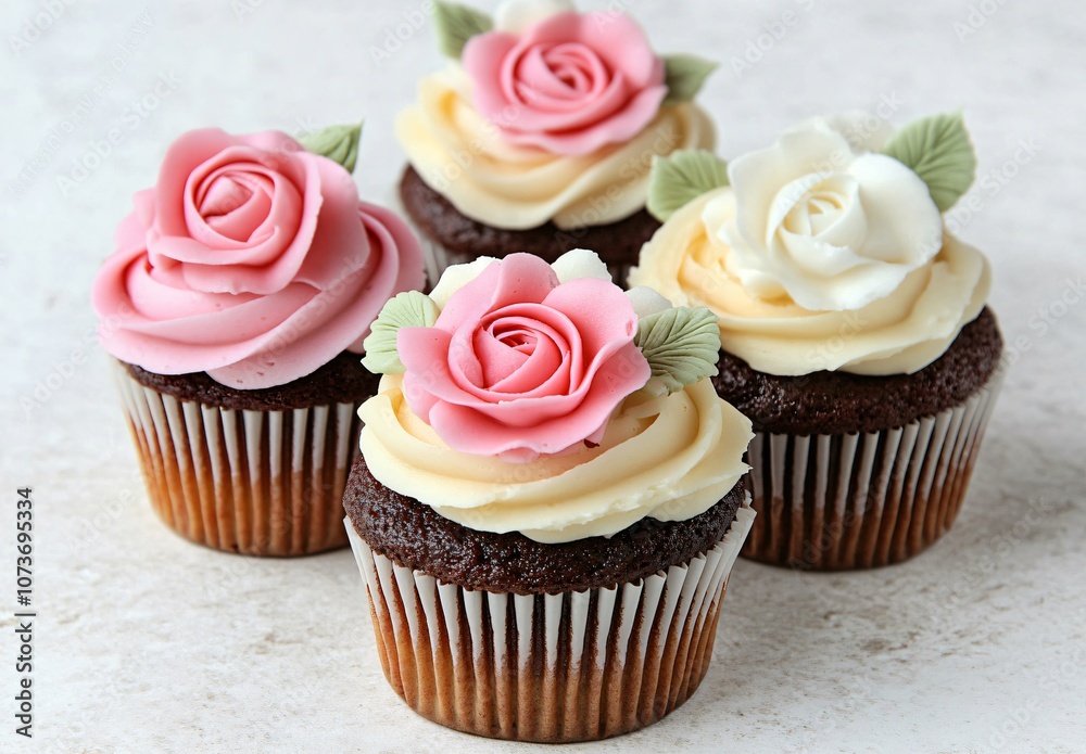 Chocolate Cupcakes with Pink and White Rose Frosting