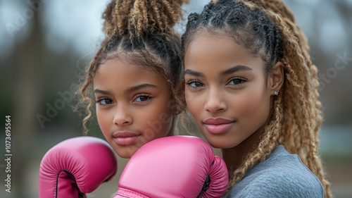 Two young women posing with boxing gloves in a park setting.
