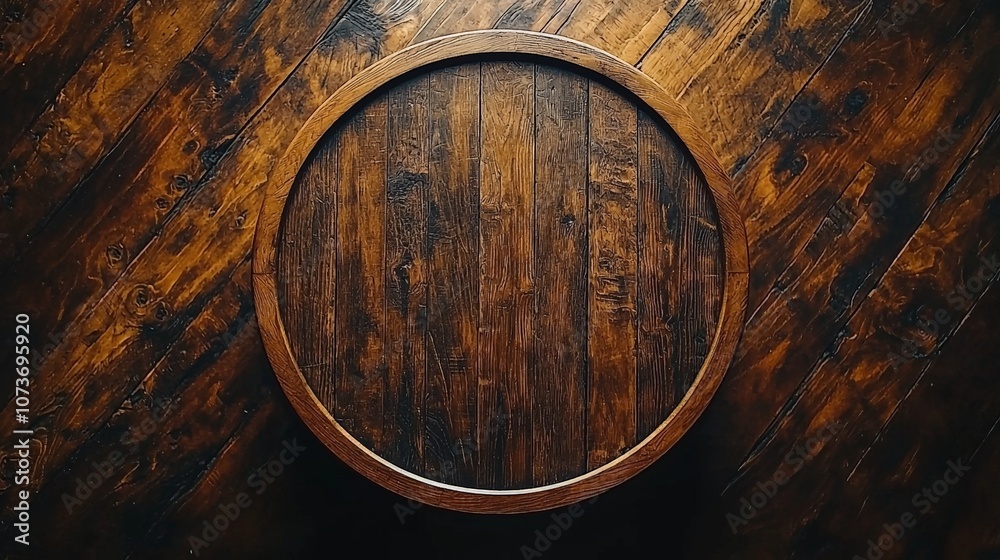 A round wooden table viewed from above, resting on a polished wooden floor. A round wooden table viewed from above, resting on a polished wooden floor.
