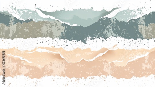 Abstract ripped paper background with light blue, green, and peach colors.