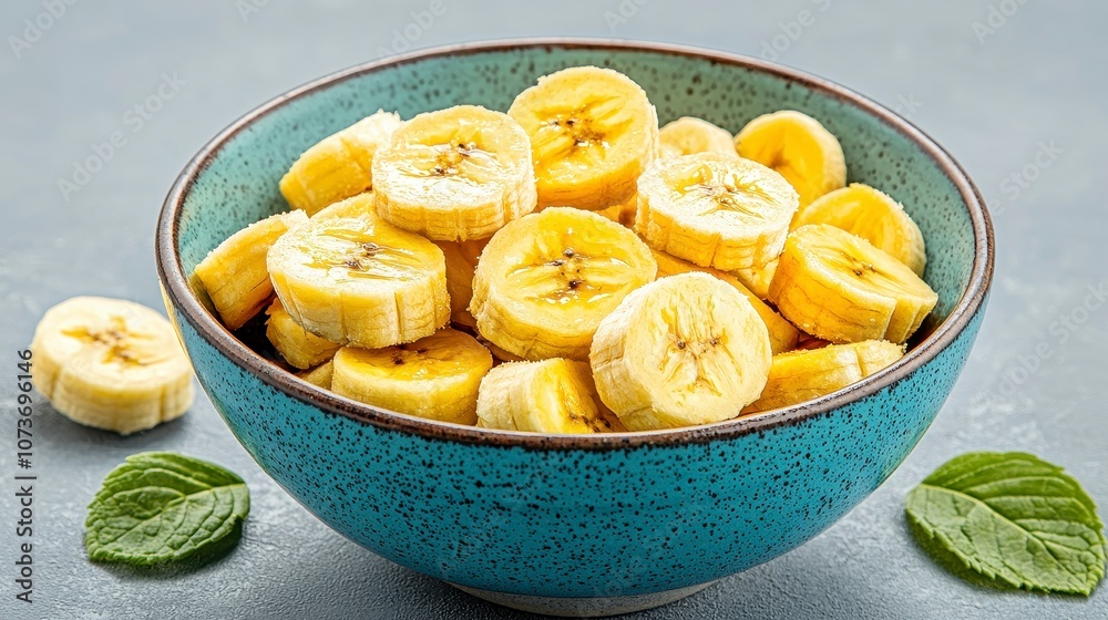 Freshly Sliced Bananas in a Decorative Bowl on a Light Gray Background, Ideal for Healthy Eating, Cooking, and Nutrition Themes for Stock Photography Freshly Sliced Bananas in a Decorative Bowl on a Light Gray Background, Ideal for Healthy Eating, Cooking, and Nutrition Themes for Stock Photography