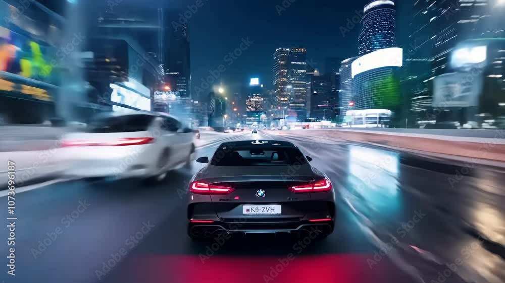 A sleek black car drives through a city at night, capturing the energy and speed of urban life. Ideal for themes of luxury, modernity, and nightlife. A sleek black car drives through a city at night, capturing the energy and speed of urban life. Ideal for themes of luxury, modernity, and nightlife.