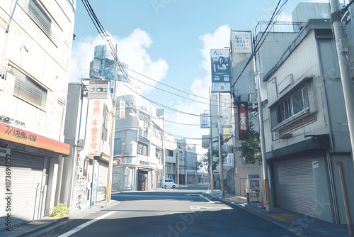 A quiet street in a Japanese city with white buildings and a few cars.