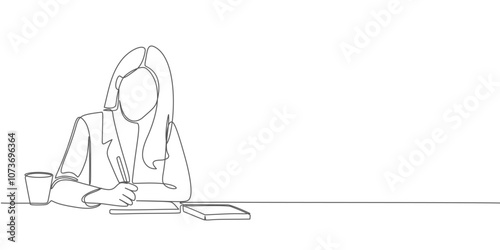 Female worker sitting in office doodle continuous line art vector illustration