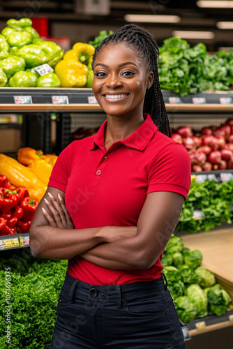 Young female African grocery store worker with crossed arms in a red polo shirt, smiling confidently as she stands by the well-organized vegetables aisle, filled with colorful greens.