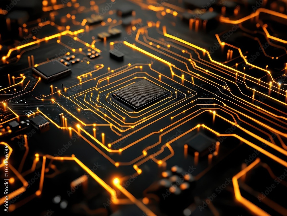 Advanced semiconductor technology, intricate circuit patterns on a chip, 3D illustration Advanced semiconductor technology, intricate circuit patterns on a chip, 3D illustration