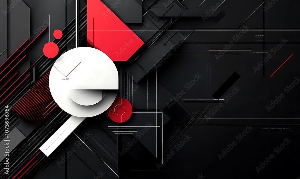 Abstract geometric shapes in red and black on a dark background