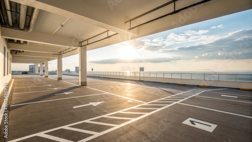 A parking lot with a lot of empty spaces, there are no cars parked in the lot