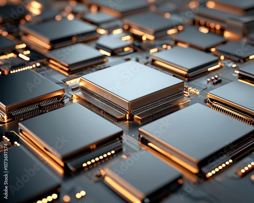 Closeup of semiconductor microchip, metallic surface with electronic components, 3D illustration