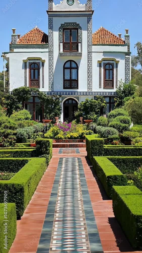 A pathway leads to a large, white building with a red tile roof surrounded by lush greenery