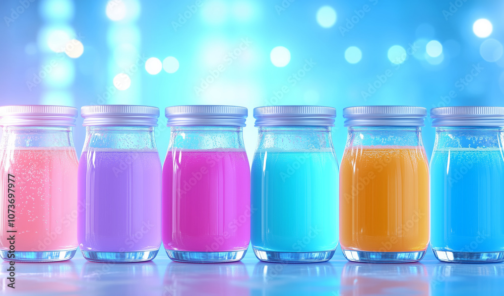 Vibrant colorful drinks in glass jars illuminated by soft blue lights at a festive event