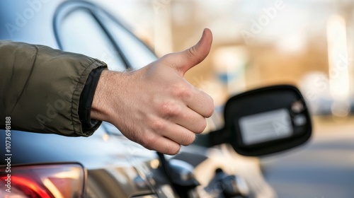 In a car, a man fills up gas by hand, giving thumbs up to represent satisfaction and convenience.