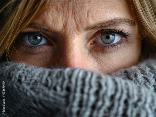 Close-up of a person wearing a chunky knit sweater and holding a mug photo