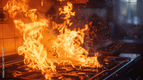 fire on a gas electronic stove, caught firekitchen, close-up, orange sparks of flame