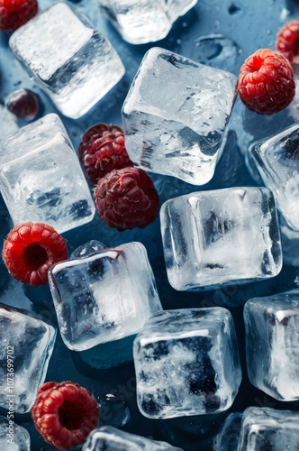Close-up shot of scattered ice cubes and raspberries. Fresh ice cold juice concept.