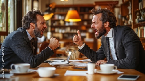 Two men in suits passionately argue across a wooden table filled with documents and coffee cups in a cozy cafГ©. The ambiance includes warm lighting and bookshelves