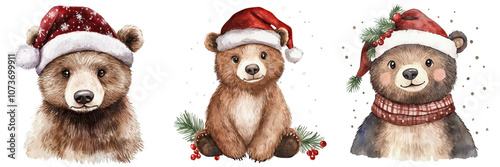 Adorable Christmas Bear Cubs Watercolor Illustration