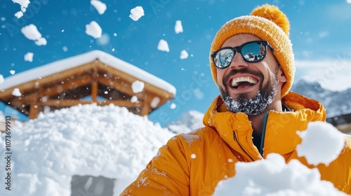 A man is happily enjoying the winter wonderland, throwing snow into the air while wearing a vibrant orange jacket and a cozy yellow hat near a wooden cabin under a clear blue sky