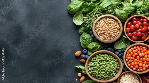 A variety of fresh vegetables and herbs are displayed in wooden bowls, showcasing greens, tomatoes, and spices arranged neatly on a dark surface for meal preparation