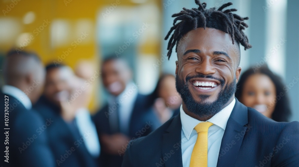 A confident businessman with dreadlocks smiles warmly while interacting with peers during a lively corporate gathering in a modern office space, showcasing camaraderie and professionalism A confident businessman with dreadlocks smiles warmly while interacting with peers during a lively corporate gathering in a modern office space, showcasing camaraderie and professionalism