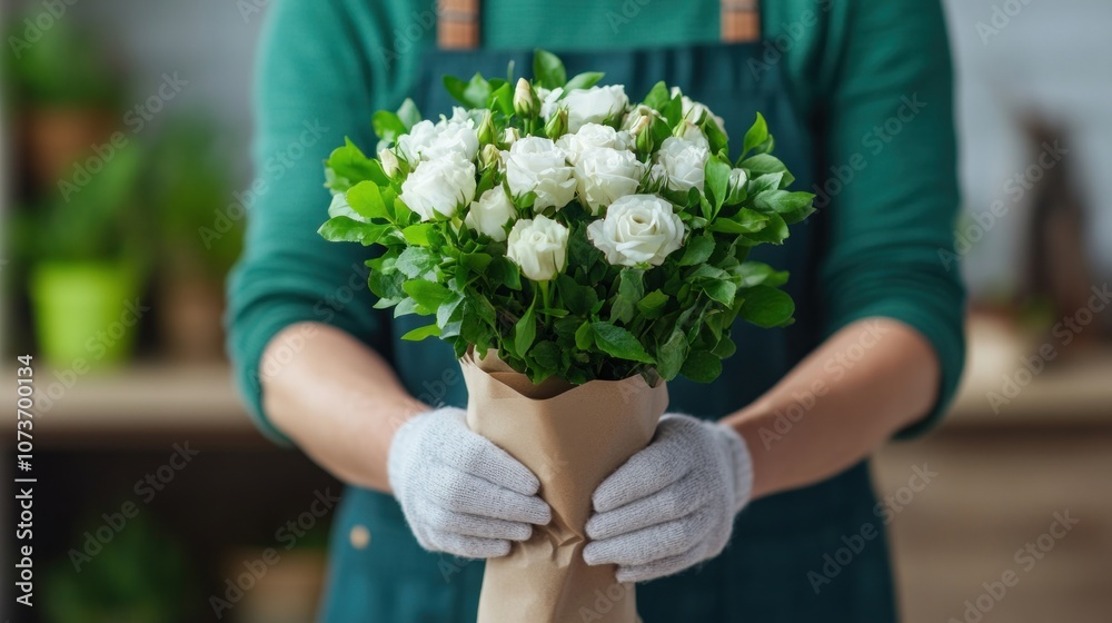 In a vibrant setting filled with greenery, a person proudly holds a bouquet of fresh white flowers, showcasing their beauty and attention to detail while wearing protective gloves In a vibrant setting filled with greenery, a person proudly holds a bouquet of fresh white flowers, showcasing their beauty and attention to detail while wearing protective gloves