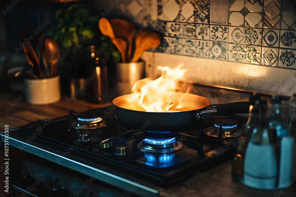 A vibrant flame leaps from a skillet on the stovetop while preparing a delicious meal A vibrant flame leaps from a skillet on the stovetop while preparing a delicious meal
