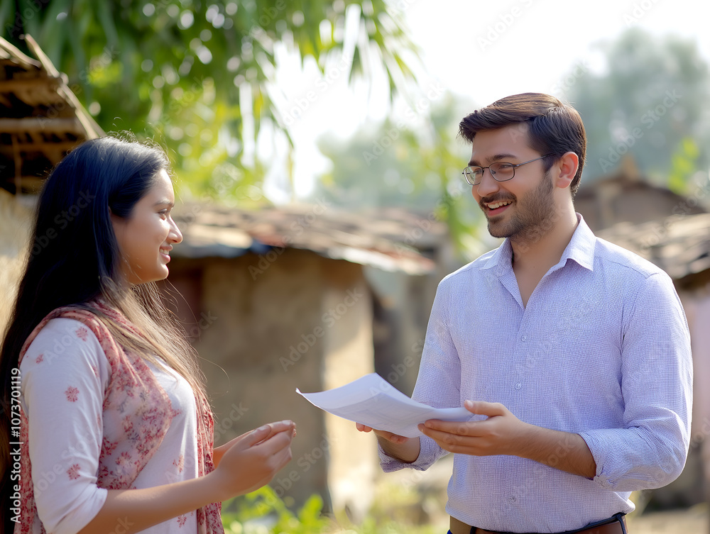 © graphic_titan - Community worker engaging with local woman in rural area showcasing collaborative effort and positive interaction for social development © graphic_titan - Community worker engaging with local woman in rural area showcasing collaborative effort and positive interaction for social development
