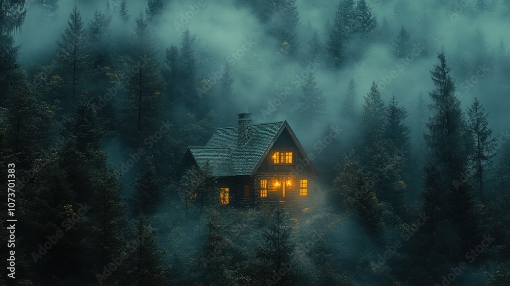 A cozy cabin illuminated amidst a foggy forest at dusk. A cozy cabin illuminated amidst a foggy forest at dusk.