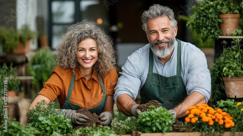 Wallpaper Mural joyful couple tends to their flourishing garden, planting herbs and flowers. They are engaged in gardening activities, surrounded by lush greenery and colorful pots on a sunny day Torontodigital.ca