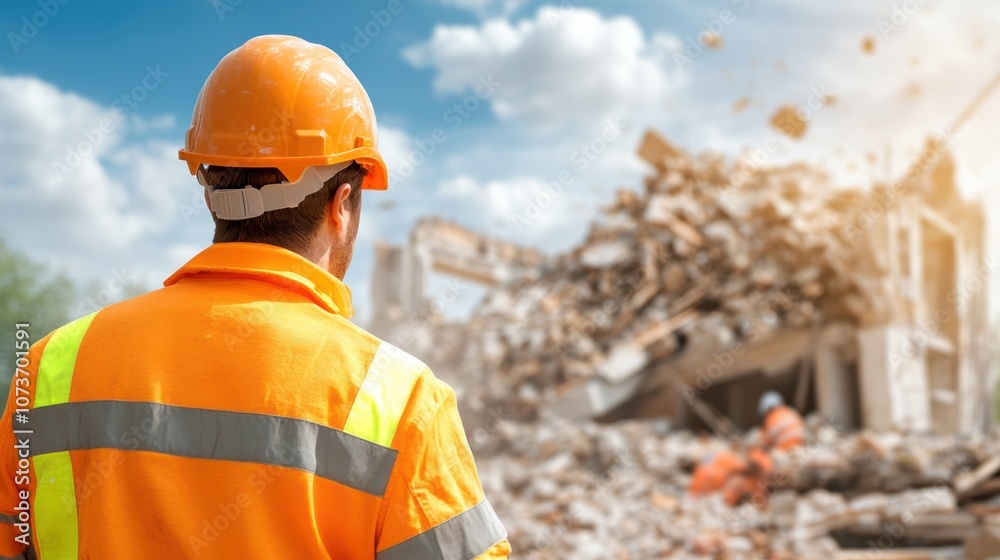 A construction worker in an orange safety helmet and vest watches a demolition site as debris is being cleared. The crew works diligently amidst dust and rubble under a clear sky A construction worker in an orange safety helmet and vest watches a demolition site as debris is being cleared. The crew works diligently amidst dust and rubble under a clear sky