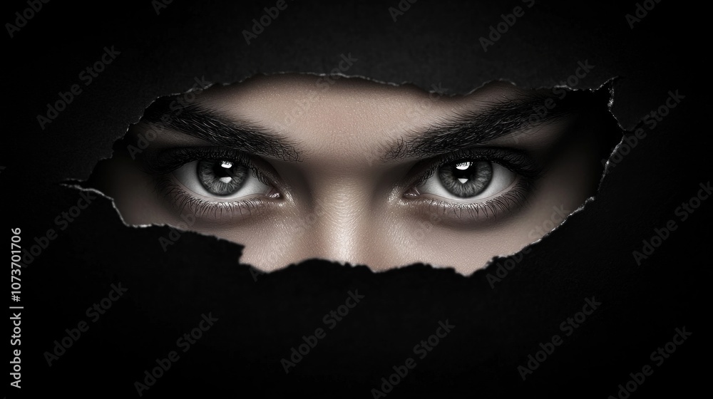 Intriguing gray eyes emerge through a jagged tear in a dark background, inviting curiosity and evoking a sense of hidden depth and emotion in this unique visual Intriguing gray eyes emerge through a jagged tear in a dark background, inviting curiosity and evoking a sense of hidden depth and emotion in this unique visual
