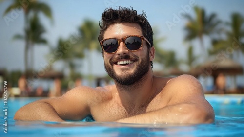 A cheerful young man enjoys his time in a sparkling pool, showcasing his sunglasses and smile while tropical palm trees sway in the warm sunlight