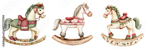 Rocking Horses Watercolor Illustration Holiday Decor Festive Toys
