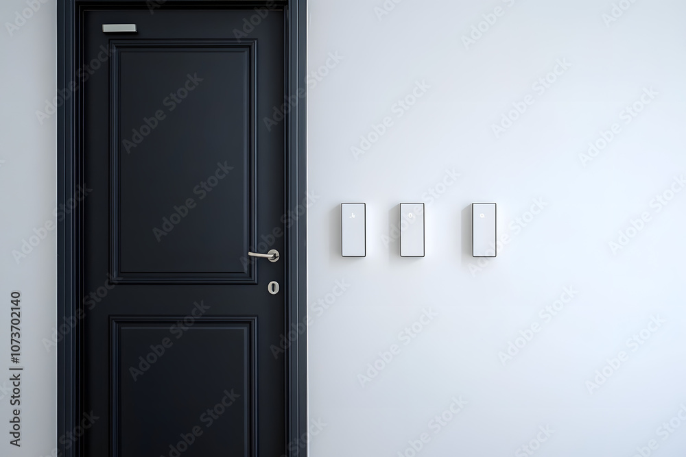 three double and single light switch on white wall with black door in foreground three double and single light switch on white wall with black door in foreground