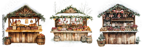 Charming Christmas Market Stalls Watercolor Winter Fruit Gift Stands