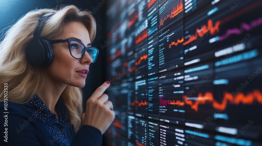 focused woman with glasses and headphones examines data patterns displayed on a vibrant digital dashboard, deeply engaged in her analytical work in an contemporary office focused woman with glasses and headphones examines data patterns displayed on a vibrant digital dashboard, deeply engaged in her analytical work in an contemporary office