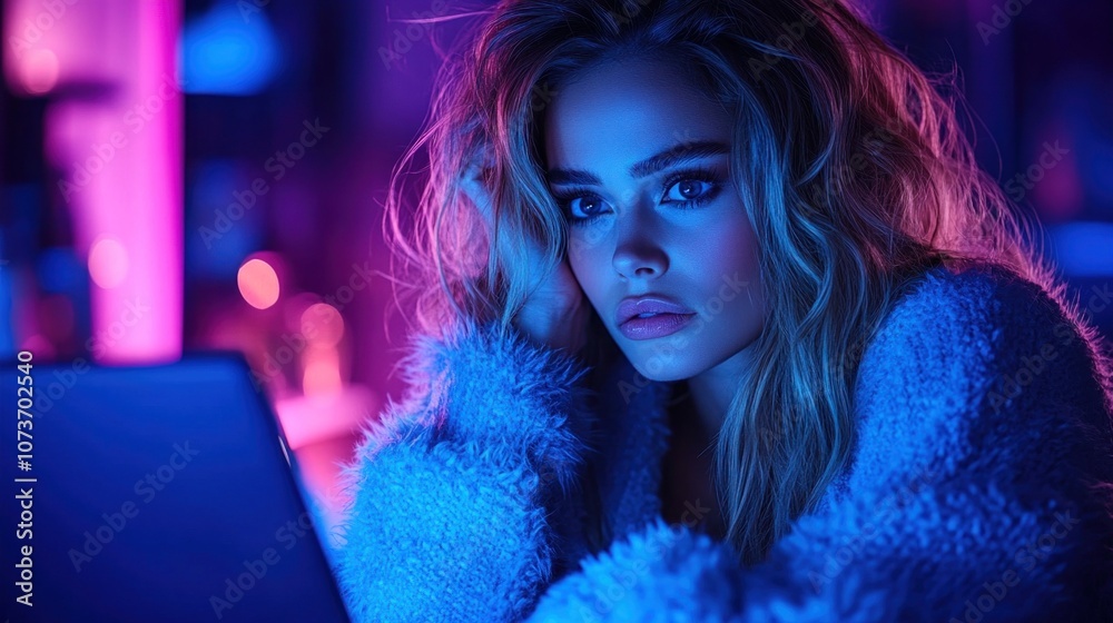 young woman with wavy hair sits focused on her laptop, surrounded by colorful neon lights. cozy atmosphere enhances her deep concentration during her late-night study session young woman with wavy hair sits focused on her laptop, surrounded by colorful neon lights. cozy atmosphere enhances her deep concentration during her late-night study session