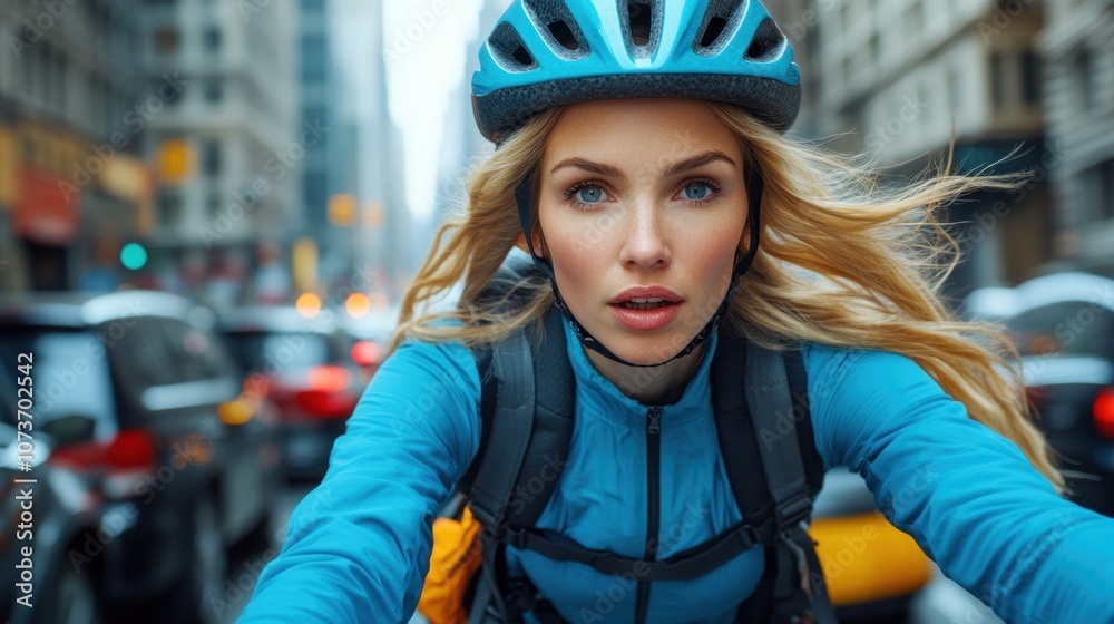cyclist confidently rides through bustling city streets, adorned in a blue jacket and helmet. She faces forward, capturing the energy of the urban environment filled with cars cyclist confidently rides through bustling city streets, adorned in a blue jacket and helmet. She faces forward, capturing the energy of the urban environment filled with cars
