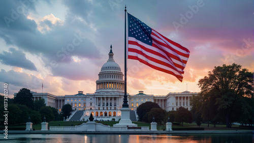  A stunning view of the U.S. Capitol building with the American flag waving at sunset, symbolizing democracy and national pride. Ideal for political content, educational materials, and travel themes