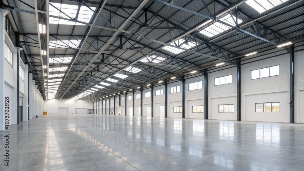 A large, empty warehouse with a lot of windows and a lot of light A large, empty warehouse with a lot of windows and a lot of light
