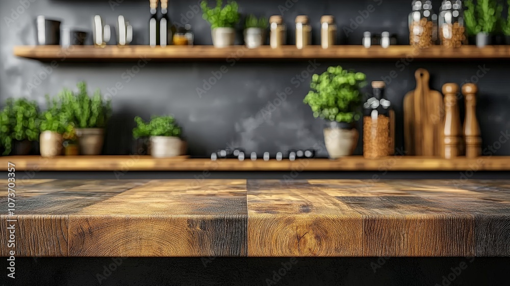 A rustic kitchen countertop with plants and shelves, creating a warm culinary atmosphere.