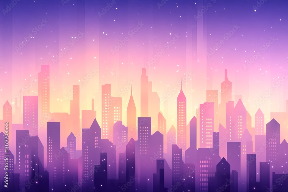 Stunning nighttime cityscape with a deep purple sky and illuminated windows in a vibrant urban environment Stunning nighttime cityscape with a deep purple sky and illuminated windows in a vibrant urban environment