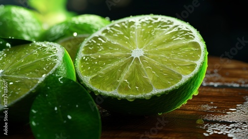  A lime, cut in half, sits on a wooden surface with water droplets on the surface and the lime.