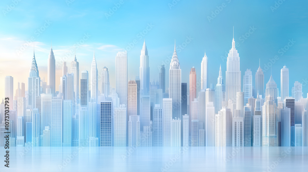 A panoramic view of a modern city skyline during early morning light A panoramic view of a modern city skyline during early morning light