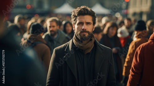  A man with a beard and dark hair is walking through a busy street. The man is wearing a dark coat and scarf, and is looking straight ahead. The crowd behind him is blurred and out of focus.