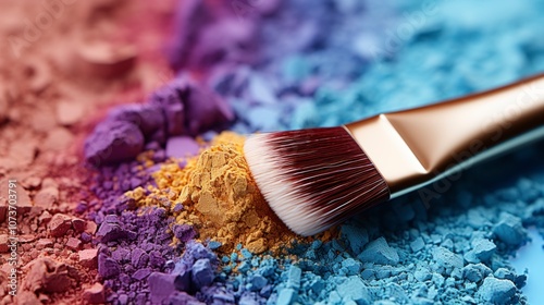  A makeup brush lays partially submerged in a pile of colorful eyeshadow, with the brush handle extending to the right. The eyeshadow is in shades of pink, purple, yellow, and blue.