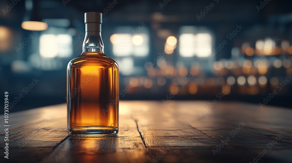 A bottle of amber liquid stands on a wooden table in a dimly lit bar. A bottle of amber liquid stands on a wooden table in a dimly lit bar.