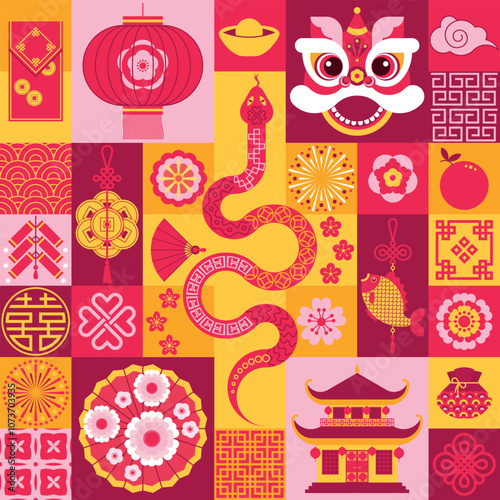Geometric background with traditional symbols of Chinese New Year. Chinese pattern with icons of dragon, snake, lantern, fish, fan, house, money, lucky signs, ornament