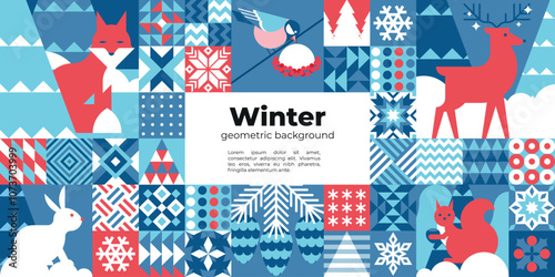 Winter abstract background with forest nature and geometric patterns. Winter backdrop with forest animals, bird, snowflakes, fir trees and graphic elements. Banner, flyer, invitation